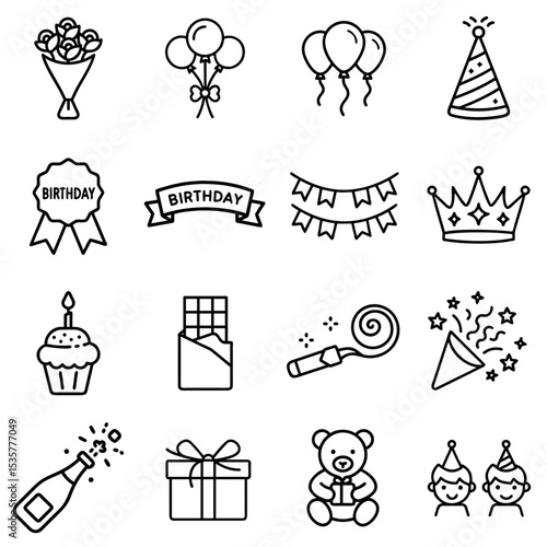 Set of 16 simple vector line icons representing birthday, holiday, anniversary  