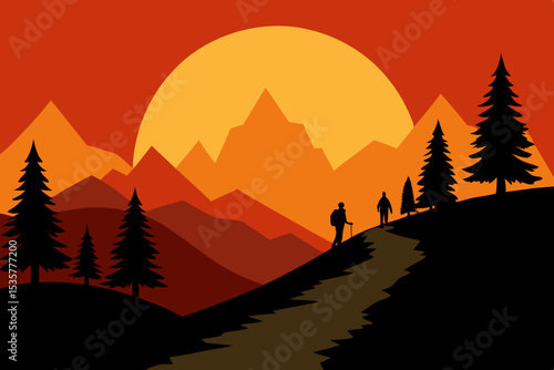 mountain expedition trail with sun setting behind