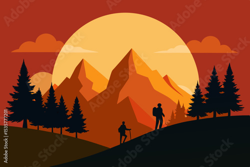  mountain expedition trail with sun setting behind