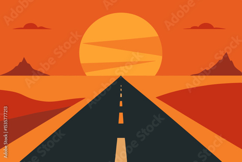  road vanishing into orange horizon surrou 