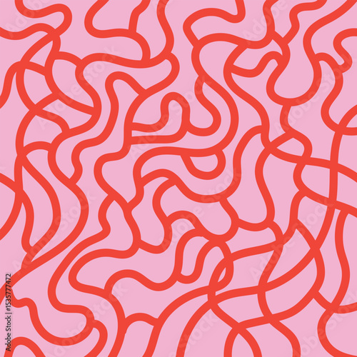 Abstract composition of red flowing lines on a pink background