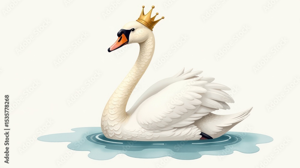 Fototapeta premium a delicate watercolor painting of a graceful swan wearing a small golden crown, soft pastel and dusty tones, dreamy fairy tale 
