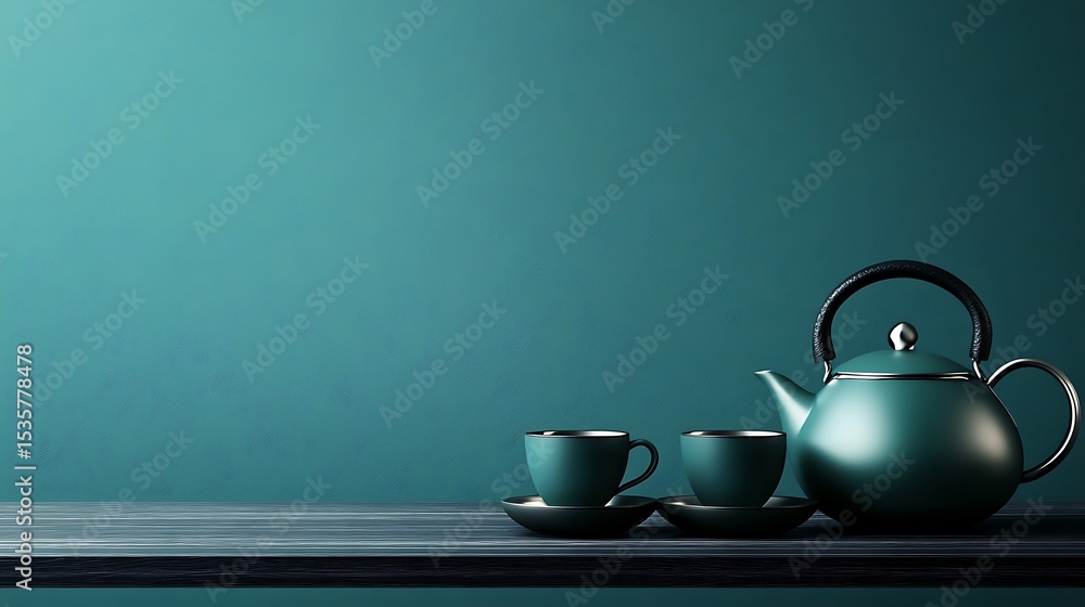 Elegant Teal Tea Set Arrangement On Dark Surface Against Teal Background Elegant Teal Tea Set Arrangement On Dark Surface Against Teal Background