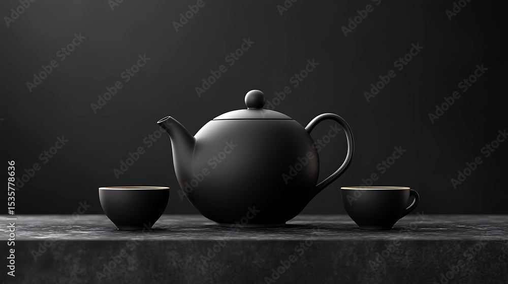 Minimalist Black Tea Set Teapot And Cups On Dark Textured Surface Still Life Minimalist Black Tea Set Teapot And Cups On Dark Textured Surface Still Life