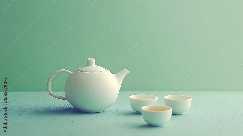 Minimalist Tea Set Still Life Featuring White Teapot And Cups Against Aqua Background Minimalist Tea Set Still Life Featuring White Teapot And Cups Against Aqua Background