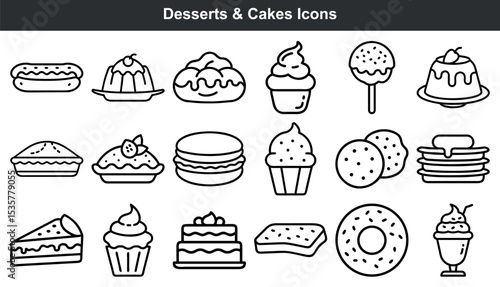 Delicious desserts and cakes icon set line art