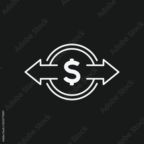 Dollar Sign in Circle with Horizontal Arrows on Black Background, Representing Currency Exchange or Money Conversion, White Outline Icon