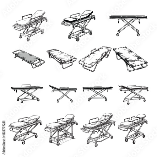 Ambulance Stretcher and Emergency Gurney Technical Illustration Set