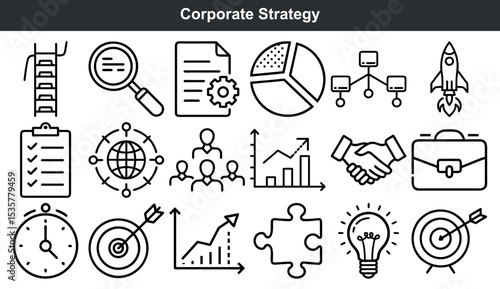 Corporate strategy icons set business planning success