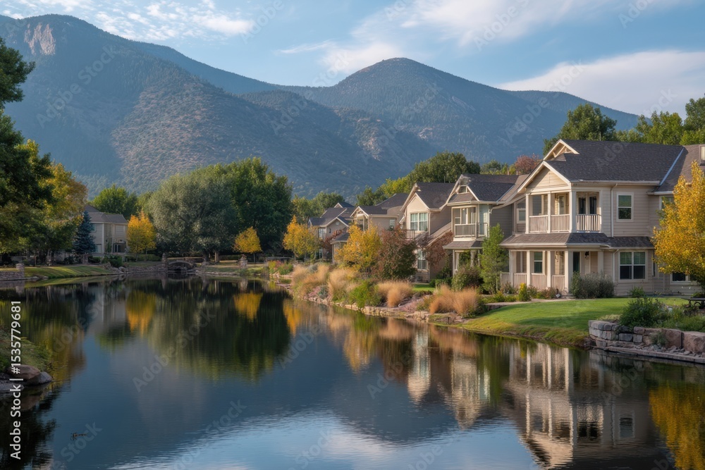 Naklejka premium Houses near lake with mountain view on white background