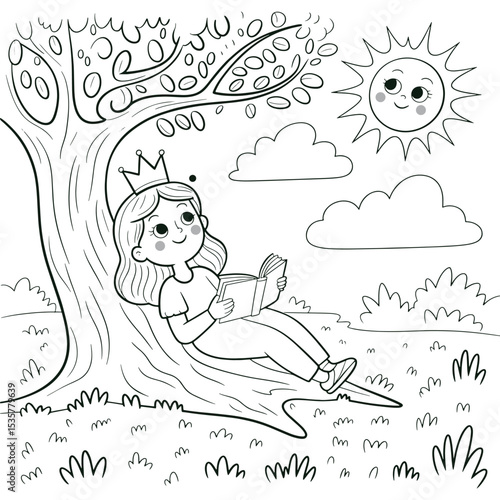 Princess Girl Reading Under Tree Coloring Page Cute Cartoon Line Art Illustration for Kids
