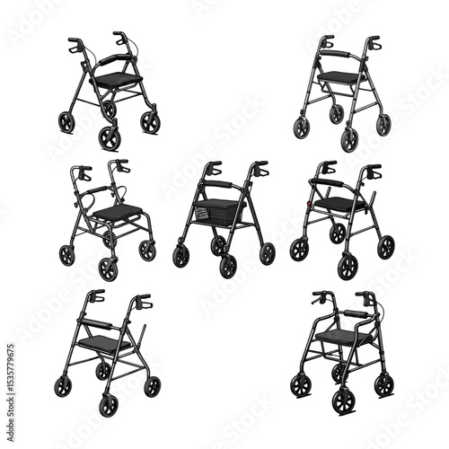 Rollator Walker Mobility Aid Technical Illustration Set
