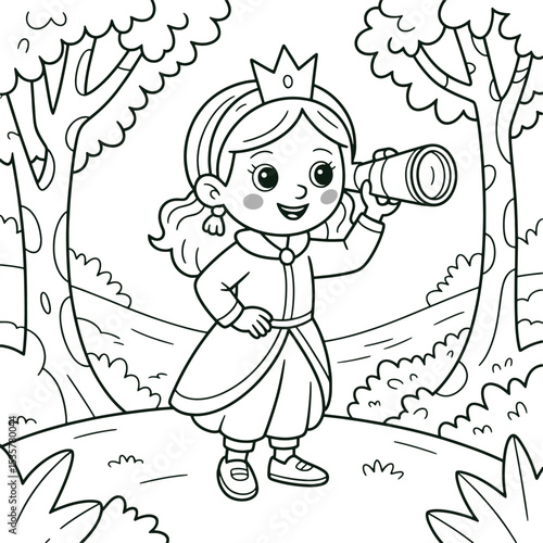 Princess Girl Taking Photos in Forest Coloring Page Cute Cartoon Line Art Illustration for Kids