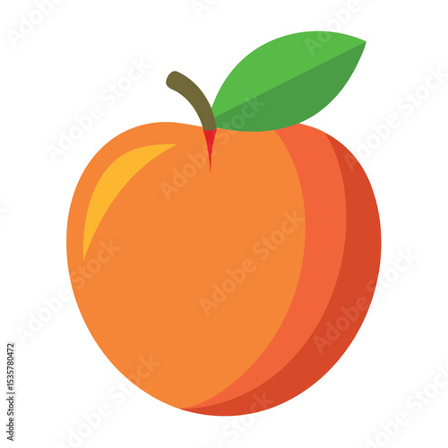 Illustration of a Ripe Orange Peach with a Green Leaf against a White Background, Vector Graphic