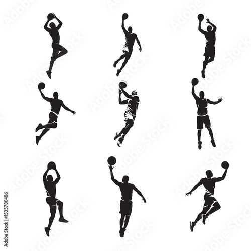Basketball Player Action Silhouette Vector Icon Set