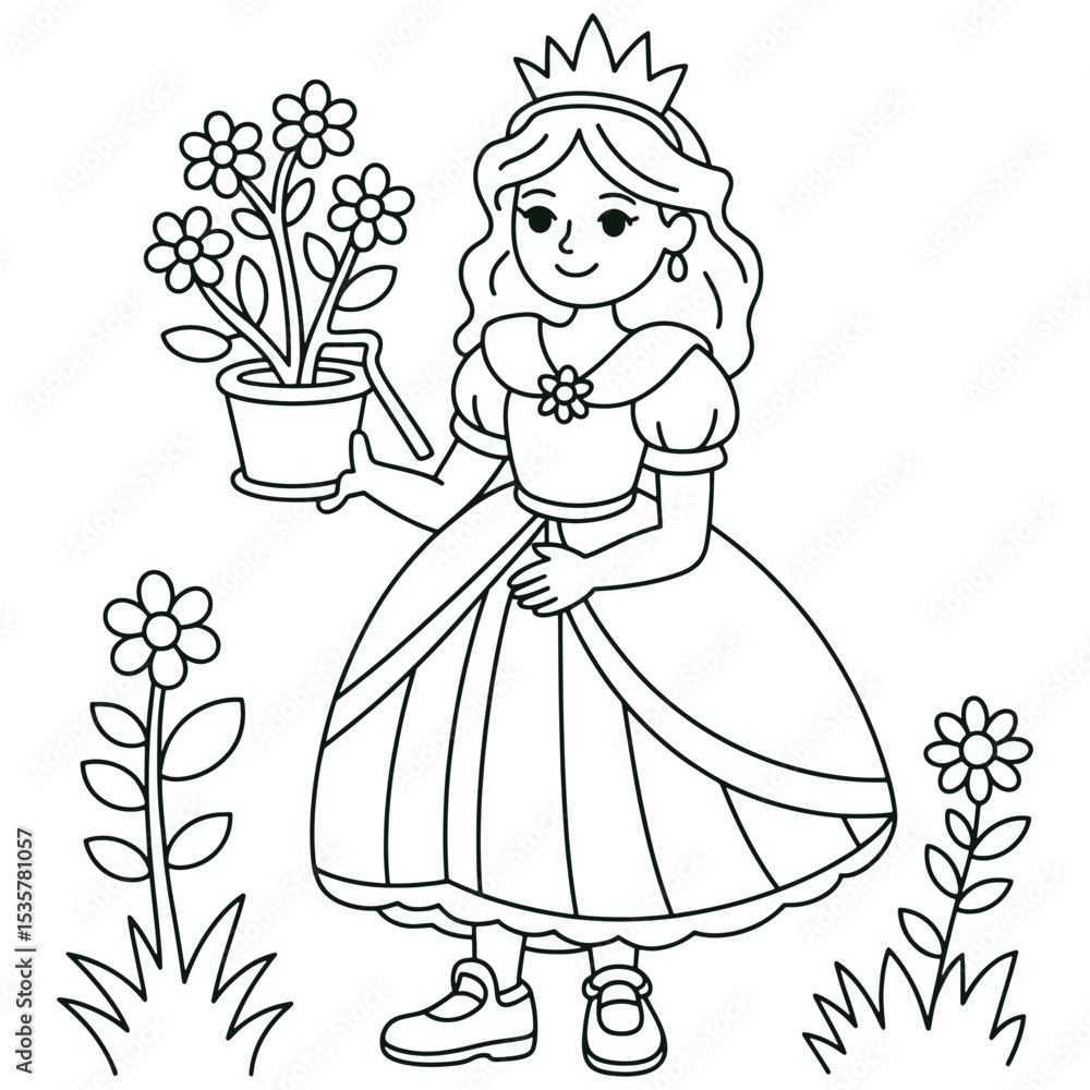 Fototapeta premium Adorable Little Princess Holding a Flower Pot in a Magical Garden