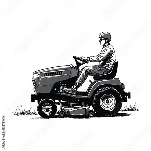 Groundskeeper on Riding Lawn Mower Graphic Sketch