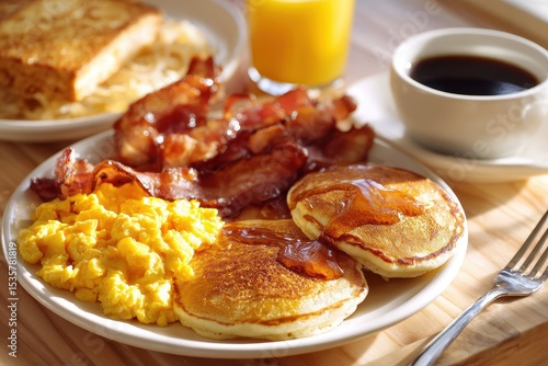 American breakfast with scrambled eggs, crispy bacon, golden pancakes with maple syrup, hash browns, buttered toast, a cup of black coffee, and a glass of orange juice.