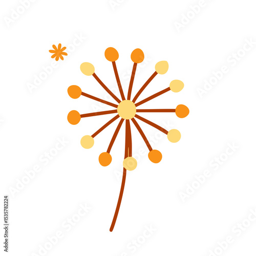 Modern stylized dandelion with seed blowing off in a simple and clean design colorful vector icon