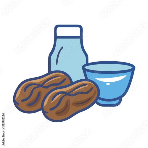 Ramadan fasting essentials two dates, a bottle of water and a bowl colorful vector icon
