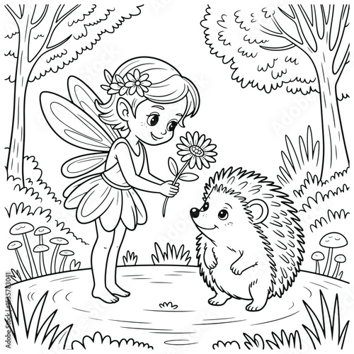 Whimsical Fairy Offering Flower to Friendly Hedgehog in Enchanted Forest