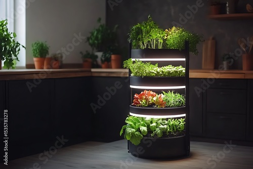 Innovative indoor vertical farming tower system designed for efficient home cultivation of microgreens and herbs