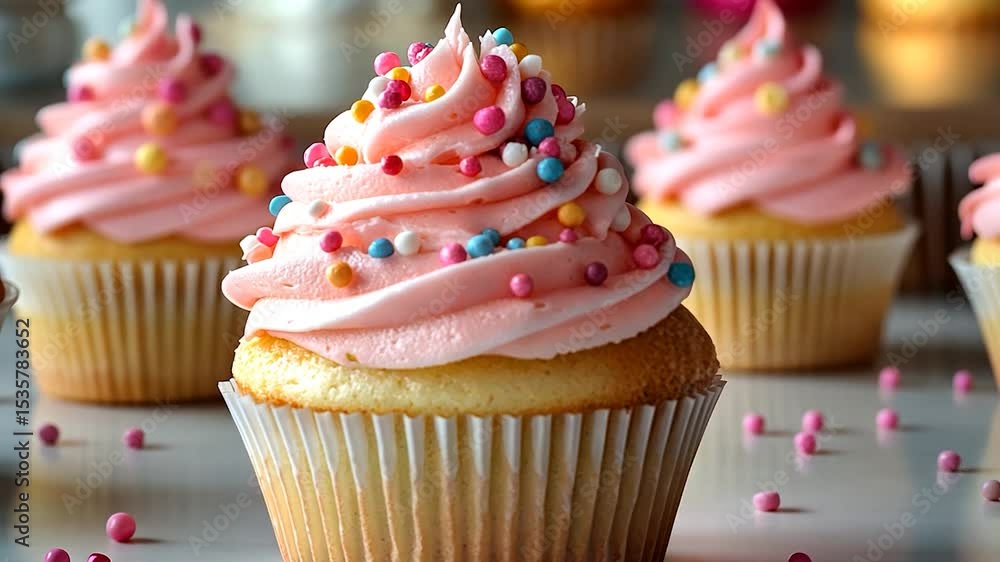 Close up view of cupcakes with pink frosting, colorful sprinkles, and a light-colored cake. Soft focus on the cupcakes in the foreground with a soft out-of-focus background of other cupcakes Close up view of cupcakes with pink frosting, colorful sprinkles, and a light-colored cake. Soft focus on the cupcakes in the foreground with a soft out-of-focus background of other cupcakes