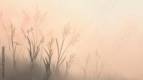 A hazy photo shows flower grass in a garden with a gentle, light color backdrop.
