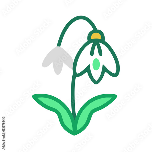 Stylized Illustration of Two Delicate Snowdrop Flowers with Green Stem and Leaves colorful vector icon