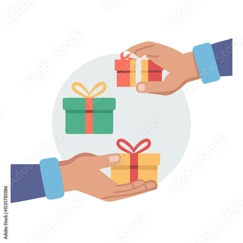 Two hands giving presents to each other in the spirit of the holidays colorful vector icon