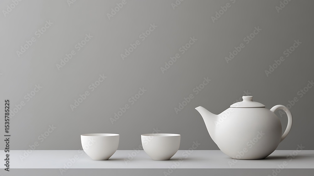 Minimalist Still Life With White Teapot And Cups On Neutral Background Minimalist Still Life With White Teapot And Cups On Neutral Background