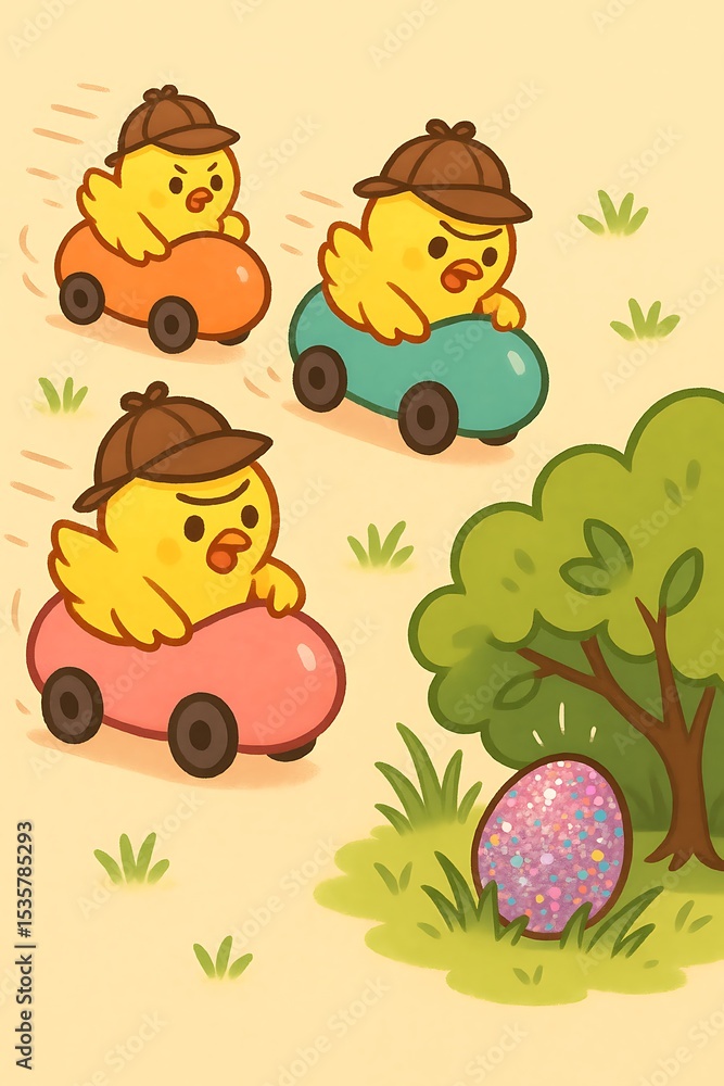Adorable Detective Chicks on a Thrilling Easter Egg Hunt Adventure A Whimsical Illustration of Three Cute Baby Chicks in Cars Pursuing a Sparkling Easter Egg Hidden Near a Lush Green Tree Adorable Detective Chicks on a Thrilling Easter Egg Hunt Adventure A Whimsical Illustration of Three Cute Baby Chicks in Cars Pursuing a Sparkling Easter Egg Hidden Near a Lush Green Tree