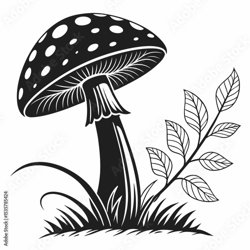 Black and White Illustration of a Fly Agaric Mushroom in Grass with Leaves