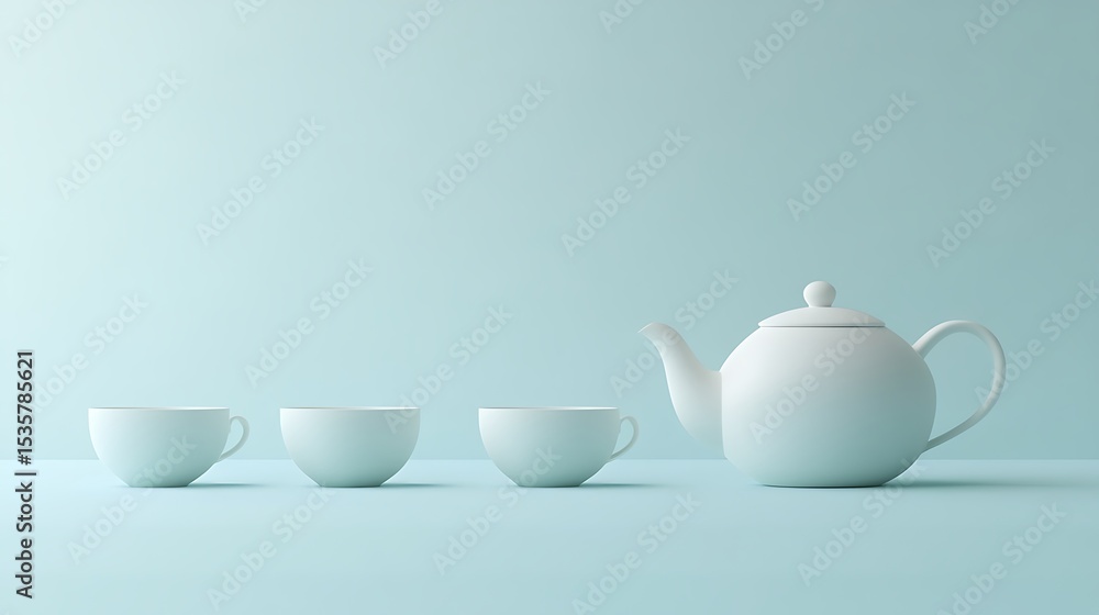 Minimalist Tea Set Still Life White Teapot And Cups On Light Blue Background Minimalist Tea Set Still Life White Teapot And Cups On Light Blue Background