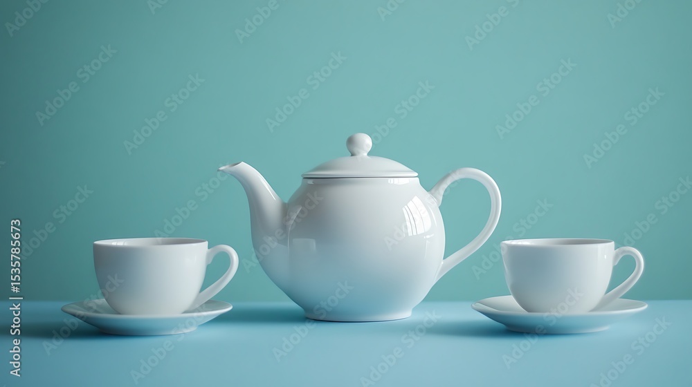 Elegant Still Life Teapot And Cups On Pastel Blue Background Elegant Still Life Teapot And Cups On Pastel Blue Background