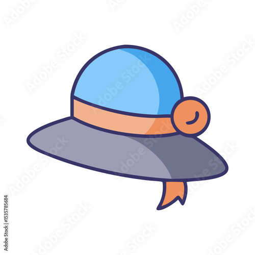 Stylish summer sun hat with ribbon and brim in cartoon style colorful vector icon