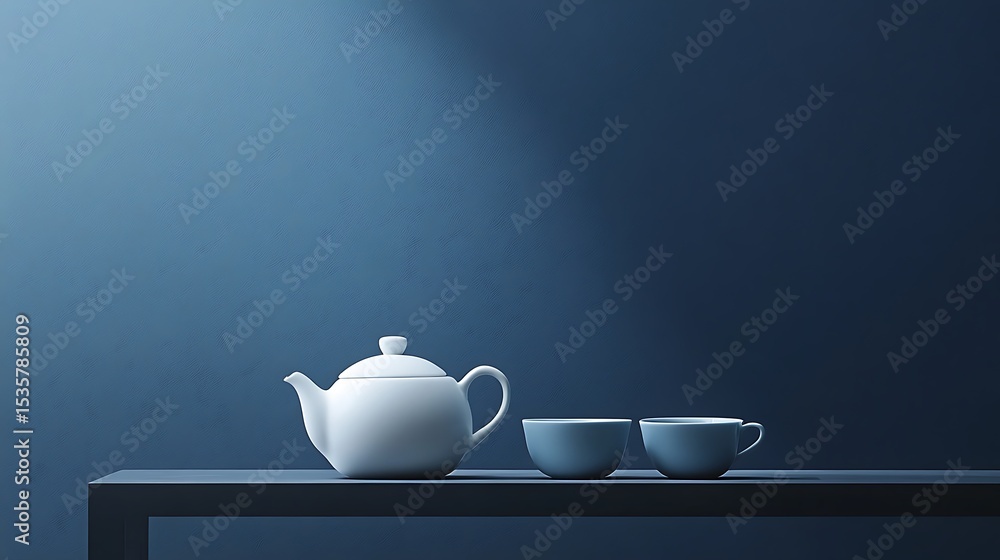 Minimalist Tea Set With Teapot And Cups On Dark Blue Textured Background Minimalist Tea Set With Teapot And Cups On Dark Blue Textured Background