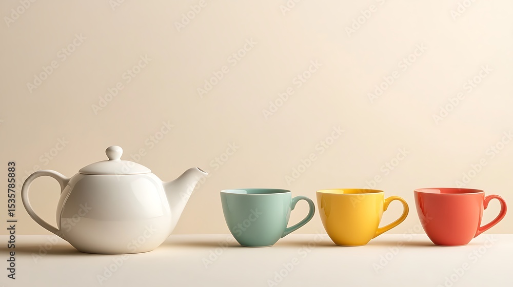 Still Life With White Teapot And Colorful Cups On A Beige Background Still Life With White Teapot And Colorful Cups On A Beige Background