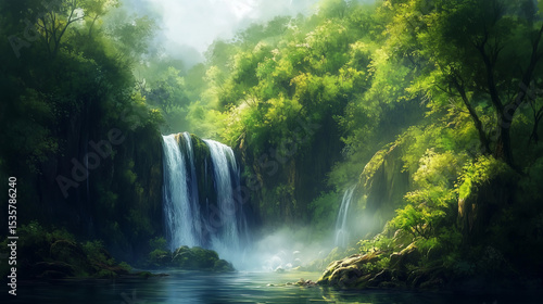 serene waterfall in lush green valley