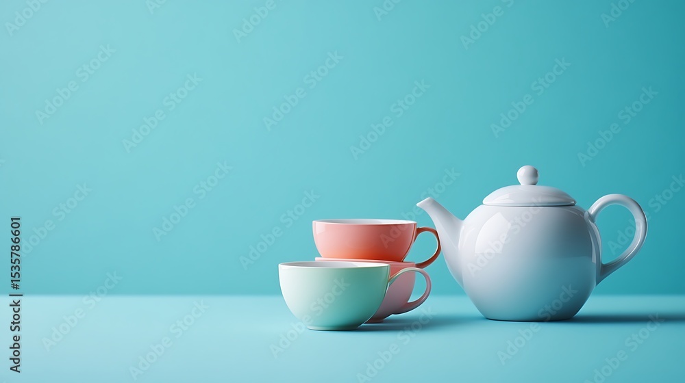 Minimalist Tea Set With White Teapot And Pastel Cups On Turquoise Background Minimalist Tea Set With White Teapot And Pastel Cups On Turquoise Background