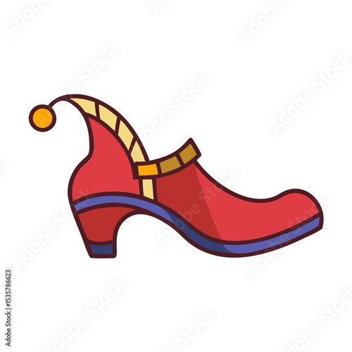 Stylized Cartoon Shoe with a Curled Toe and a Jingle Bell colorful vector icon