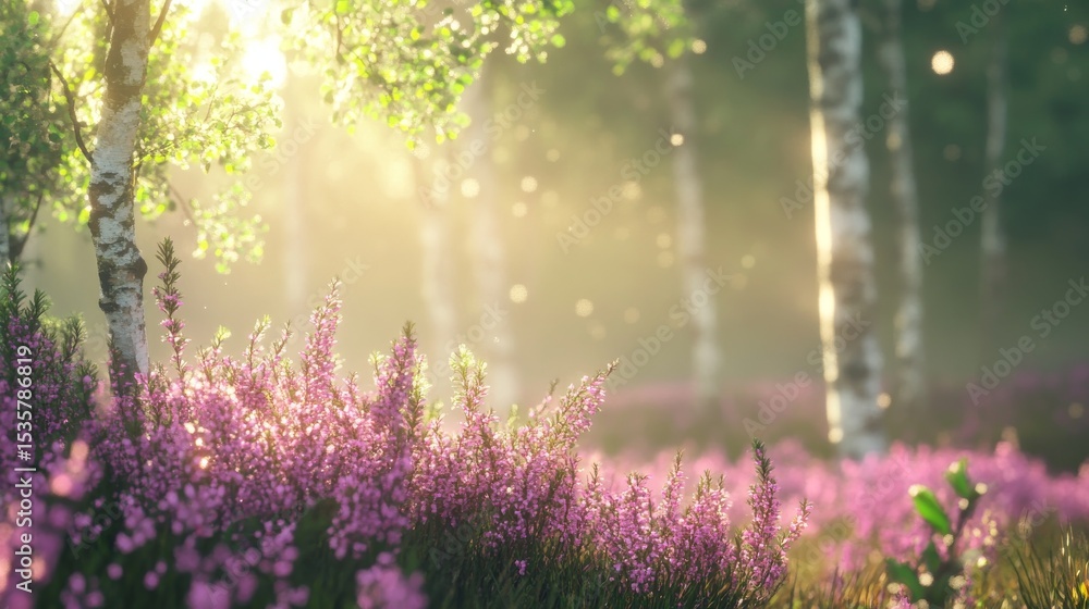 Naklejka premium Nice sunlight on heather flowers near a birch forest after rain in Hulshorsterheide, Netherlands.