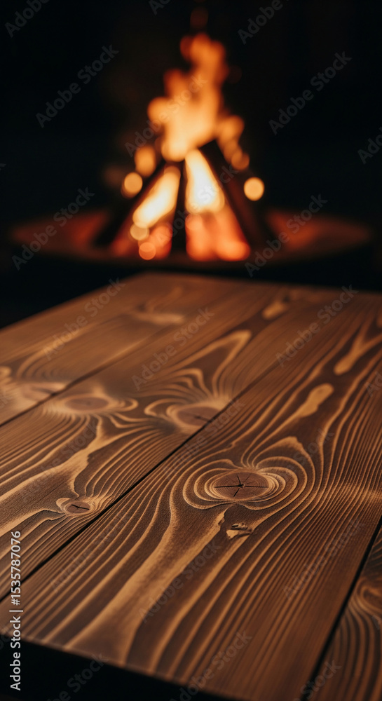 Obraz premium Dark brown wood texture, showcasing a natural grain pattern, with a blurred bonfire in the background, suggesting warmth, rustic ambiance and outdoor scene