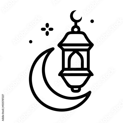 Islamic decorative element consisting of a crescent moon and a lantern colorful vector icon
