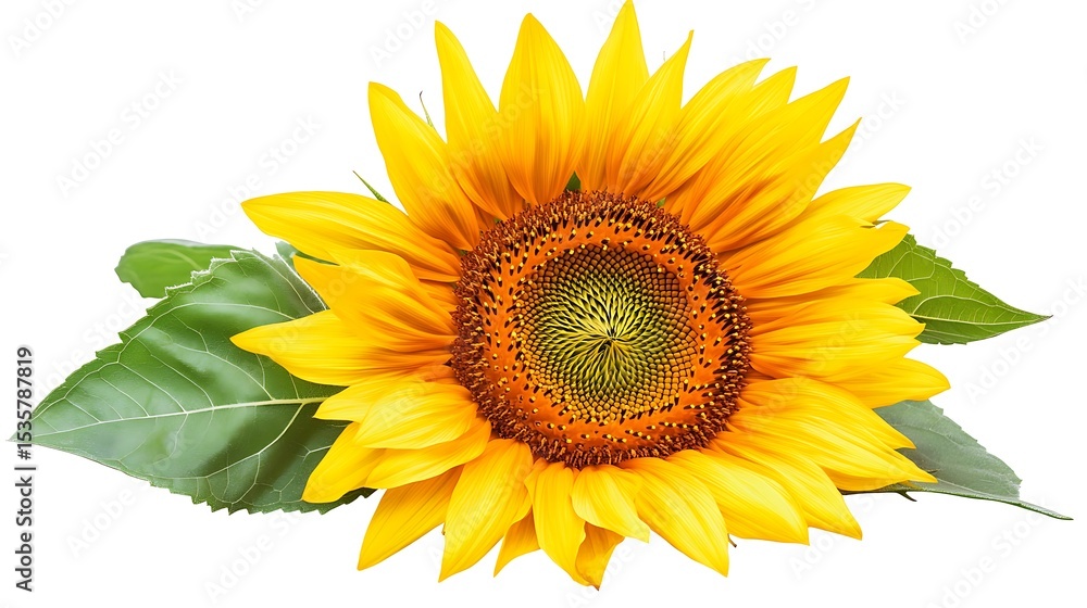 Fototapeta premium Bright Yellow Sunflower Blossom With Green Leaves Isolated On White Background