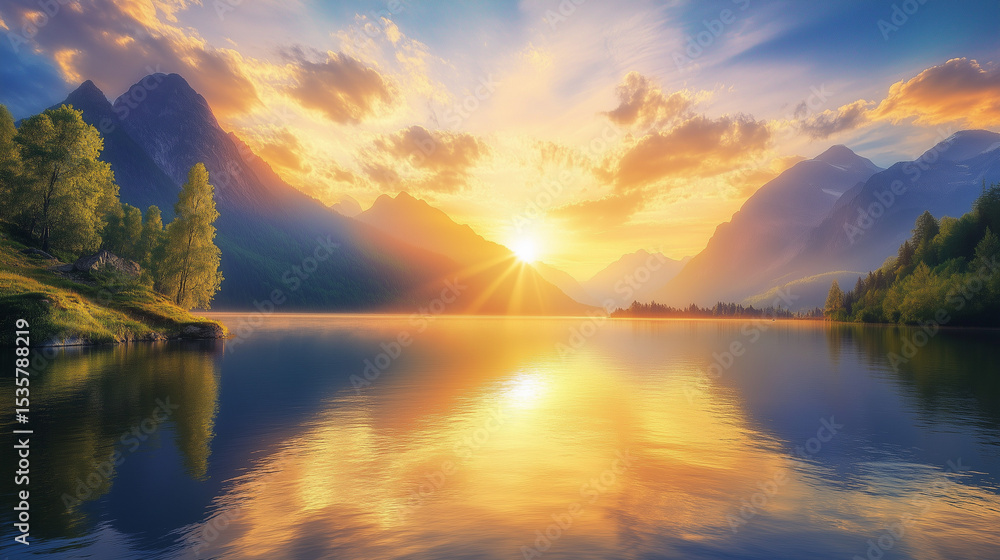 Obraz premium serene sunset landscape with golden hour light over calm lake and mountains