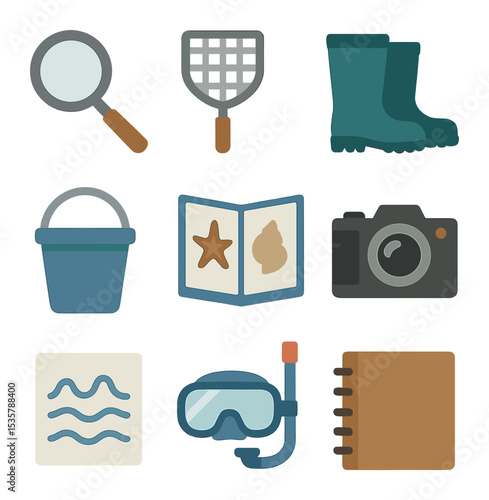 Tide Pool Tools Icons. Flat icon set of tide pool exploration tools: magnifying glass, small net, waterproof