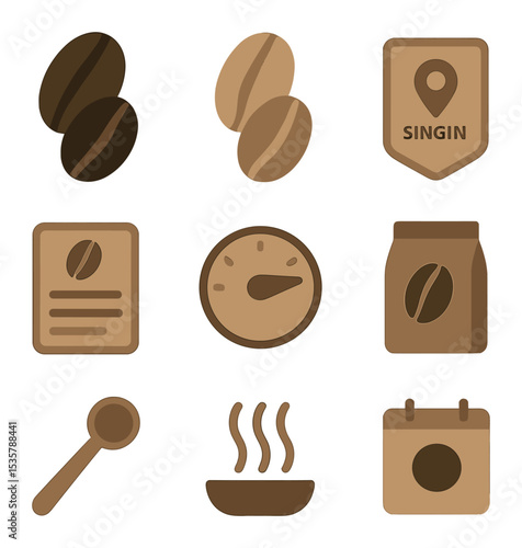 Coffee Icon Set. Flat icon set of coffee bean selection: dark roast beans, light roast beans, single origin