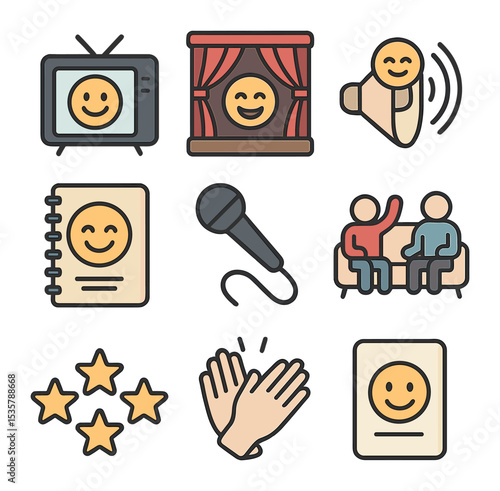 Comedy Show Icons. Flat icon set of comedy shows: TV screen, comedy stage, laugh track, sketch book, host