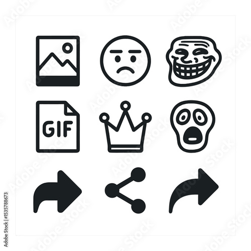 Internet Meme Icons. Flat icon set of internet memes: viral image, reaction face, troll icon, meme text, GIF
